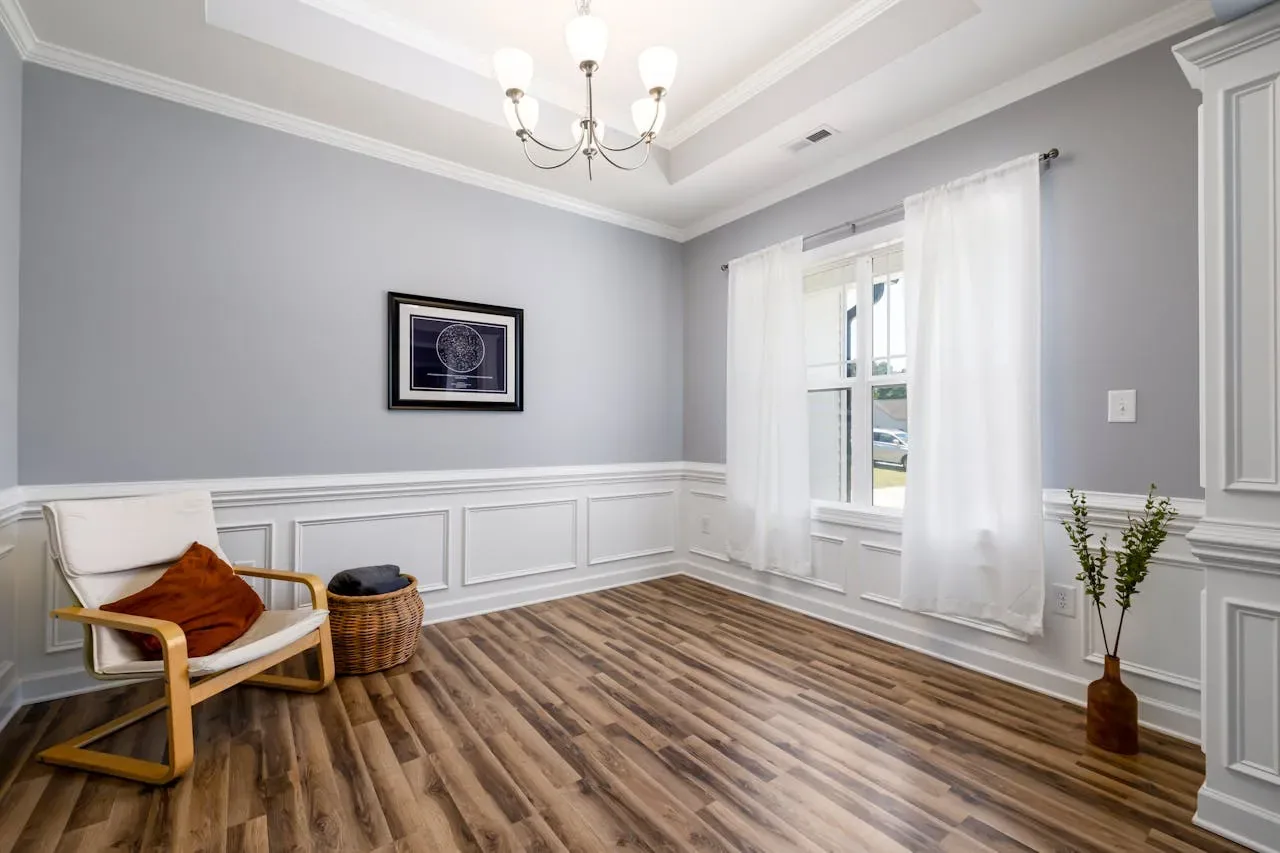 Bright living room with a smooth rendered feature wall