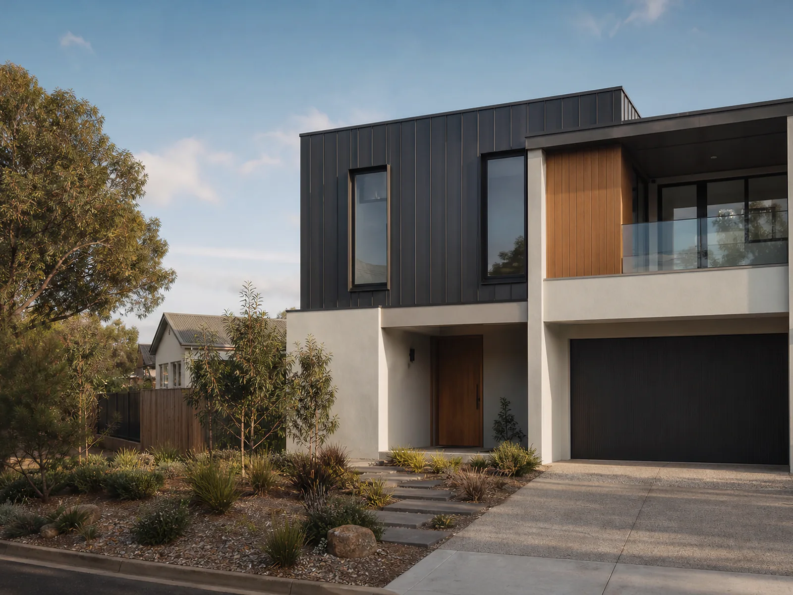 Contemporary Adelaide home with charcoal cladding and native landscaping