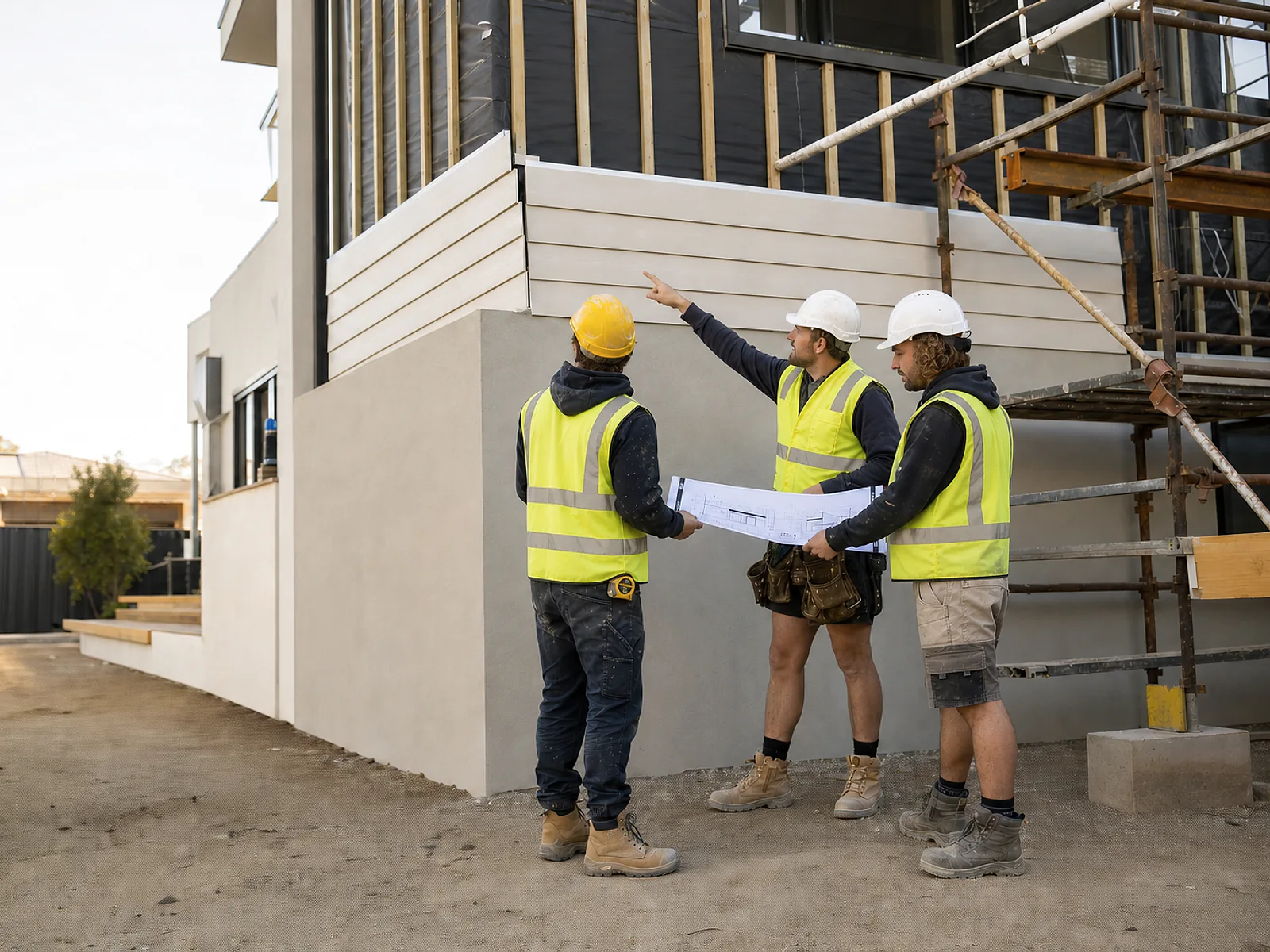 Construction team reviewing facade details on an Adelaide building site