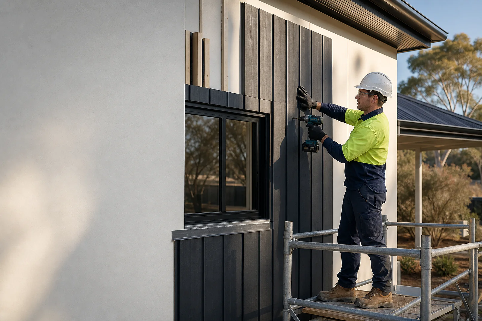 Installer aligning charcoal vertical cladding on a residential exterior